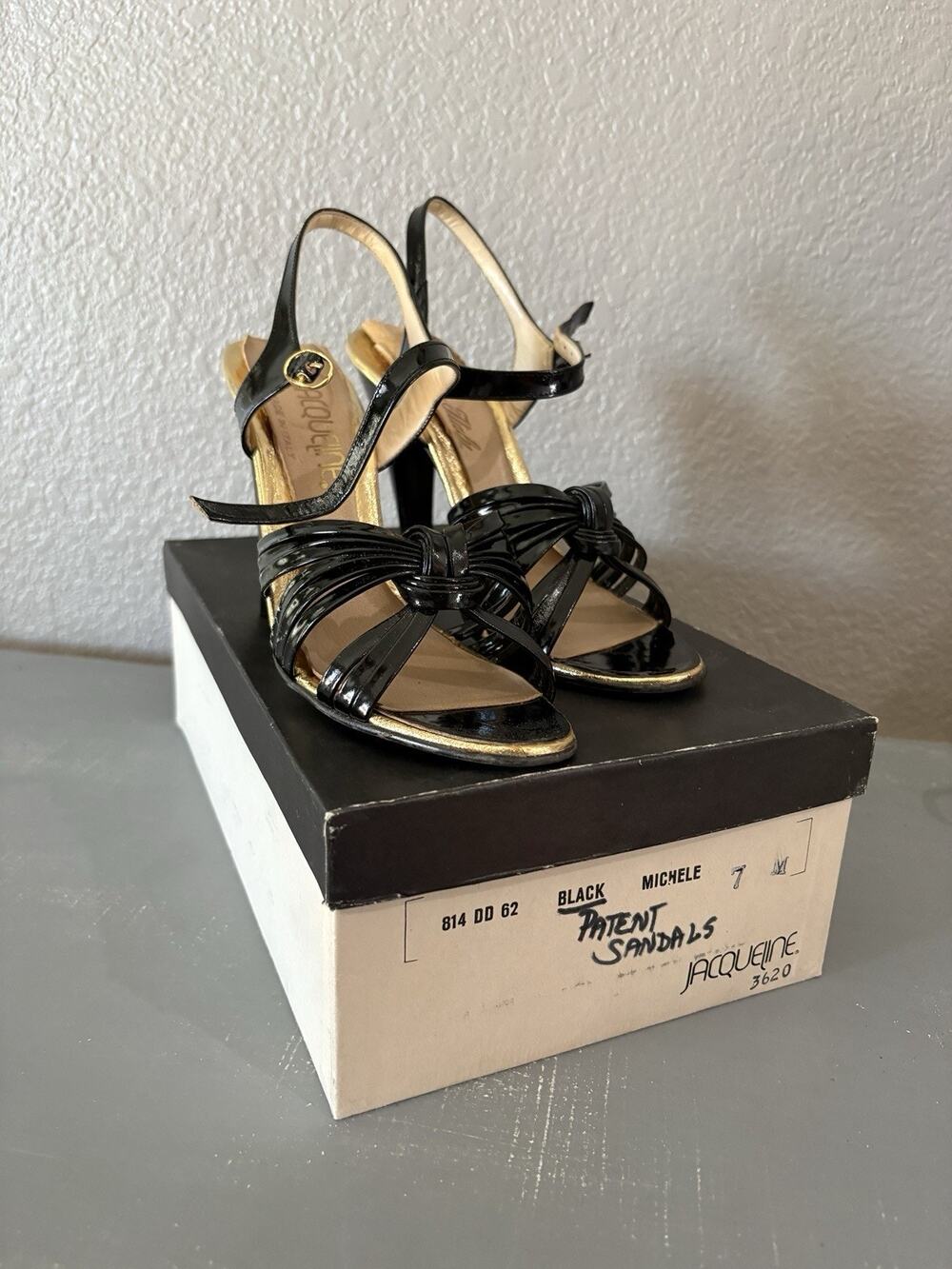 Vintage Jacqueline Michele Black Patent Ankle Strap Heels Strappy 7M Y2K